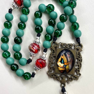 Handmade Rosary Red and Green beads, Holy Family centerpiece, Italian bronze crucifix, Catholic gift, Catholic mother, Catholic rosary mom