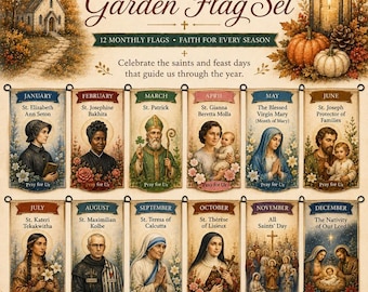 Catholic Complete Garden Flag Bundle | Monthly Saint Garden Flag | Catholic Home Decor | Catholic Saints Banners | Holy Family | St. Therese