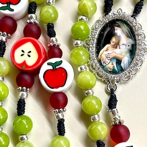 Handmade Rosary, teacher rosary, green rosary, apple Pater bead, Mary centerpiece and indulgence crucifix, Catholic gift, Catholic teacher