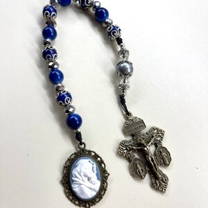 Handmade Blue pocket Rosary with Madonna and Child centerpiece glass beads includes Indulgence crucifix Catholic gift prayer beads Tenner