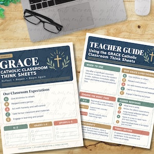 May include: Two printed sheets titled GRACE Catholic Classroom Think Sheets and Teacher Guide. The documents feature a navy blue header with a gold cross, olive branches, and text outlining classroom expectations, grade levels, and instructions.