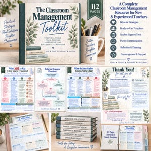 May include: A classroom management toolkit book with 112 pages, featuring a white cover with green leaf illustrations and the title The Classroom Management Toolkit. Includes a mug with pens, various instructional charts, and a binder with dividers.