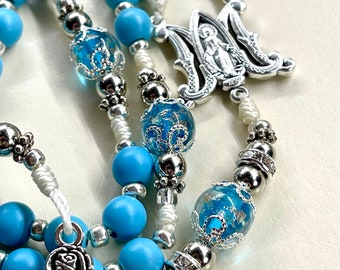 Handmade Blue rosary, Auspice Rosary, Silver Rose crucifix, Confirmation, Catholic mother, Catholic woman gift for her, Catholic mom