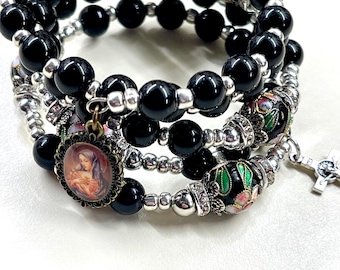 Handmade Rosary Bracelet Semi-precious purple black beads Memory Wire Mary Medal silver crucifix, Catholic gift for her, Catholic mom gift