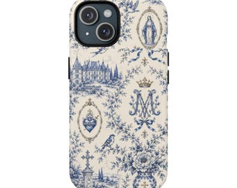 Handyhülle im katholischen Chinoiserie-Stil | Handyhülle mit Marian-M-Monogramm | Robuste Magnethülle | Katholisches Design in Blau-Toile
