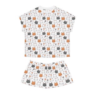 White Cat pajamas Cat PJs Cat lover Pajamas Cat Mom Gift Cat mama Pajamas Kitty Gift Cat lover Women&#39;s Short Pajama Set