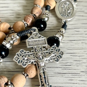 Handmade Rosary with Beads from Holy Land, Black Beads red and silver St Francis Center, silver crucifix Catholic man gift, Catholic boy