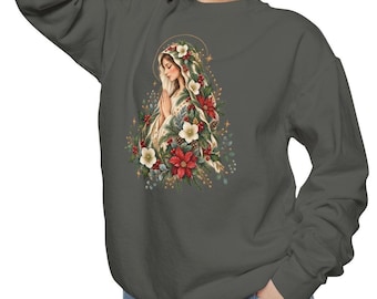 Weihnachtspullover | Marienpullover | Vintage-Sweatshirt mit Madonna-Blumenmotiv | Religiöser Blumendruck der Jungfrau Maria