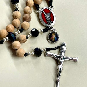 Handmade Rosary with Beads from Holy Land, Black Beads red and silver St Michael Center modern silver crucifix Catholic man gift masculine