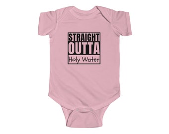 Straight Outta Holy Water Baby Bodysuit, Catholic Baby, Baptism Gift, Godparent gift, Catholic mom gift, Catholic gift, Catholic dad gift