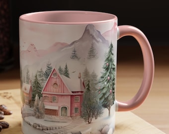 Pink Christmas Mug, Pink Christmas Village Wrap Mug, Christmas Mug, Mug for Christmas, Hot Chocolate Mug, Pink Christmas, Christmas Gift