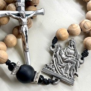 Handmade Rosary Pieta Rosary with Olive Tree Beads from Bethlehem Holy Land and Black Beads with modern silver crucifix dad gift Christmas