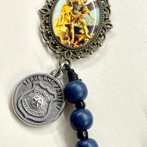 Handmade Catholic Pocket Rosary Police St Michael Navy wooden beads and Black crackle glass beads bronze St Michael Center bronze crucifix