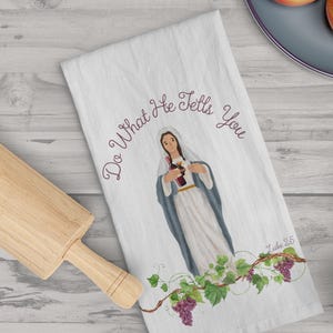 Catholic Tea Towel Set, Marian gift, Jesus miracle, Catholic gift mom Catholic decor, Catholic gift for her, Catholic wedding gift RCIA gift
