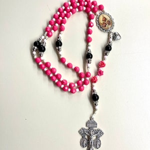 Handmade Rosary Sacred Hearts centerpiece heart locket charm Pink beads beads black glass beads Indulgence crucifix Catholic gift Communion