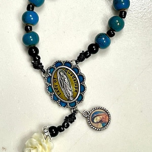 Handmade Pocket Rosary Blue Green Agate Beads with Our Lady of Guadalupe centerpiece and Silver crucifix CatholIc mom gift Catholic gift