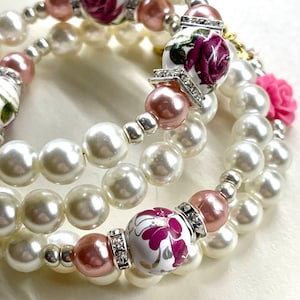 Handmade Rosary Bracelet rose gold & cream Pearl beads Memory Wire Mary Medal bronze crucifix rose painted glass beads Catholic jewelry