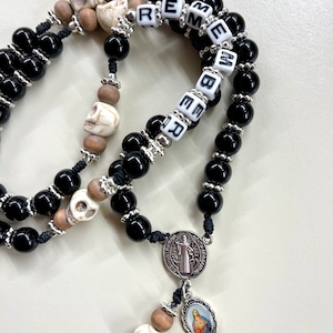 Lenten Rosary, Memento Mori, Remember rosary, St Benedict Centerpiece, Black & silver Beads, skull beads, crown of thorns crucifix