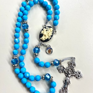 Handmade Rosary Turquoise beads Catholic Rosary w/ beautiful Angels Cameo centerpiece, W/ small Mary Medal, Confirmation gift, 1st communion