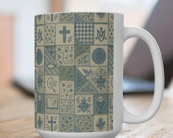 May include: White ceramic mug featuring a patchwork design with religious symbols in shades of blue and beige. The pattern includes crosses, hearts, doves, and floral elements. The mug has a large handle and is set on a wooden surface.