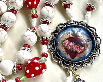 Handmade Rosary, Catholic Rosary with 10mm white turquoise beads, white rosary, indulgence cross, Catholic gift for her, strawberry rosary