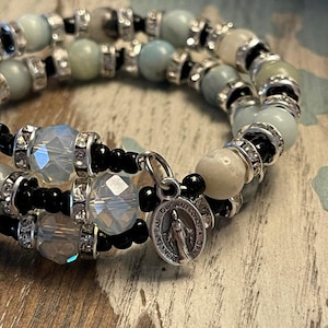 Handmade Rosary Bracelet Light Blue and Silver Glass Beads, MiraculousMedal, Catholic gift for her, Catholic mother, Catholic gift, godparen