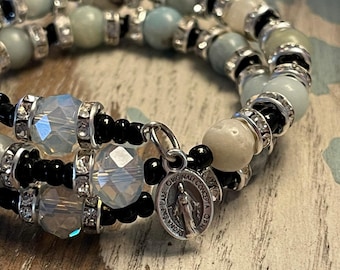 Handmade Rosary Bracelet Light Blue and Silver Glass Beads, MiraculousMedal, Catholic gift for her, Catholic mother, Catholic gift, godparen