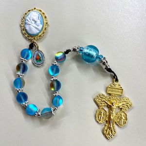 Handmade Blue pocket Rosary, Cameo centerpiece, 10mm mermaid glass beads, gold indulgence crucifix, Catholic gift, Catholic mom, tenner RCIA