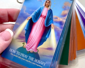 Cómo rezar el rosario, tarjetas de oración laminadas, rosario católico, regalo católico para niños, escuela católica, regalo de primera comunión