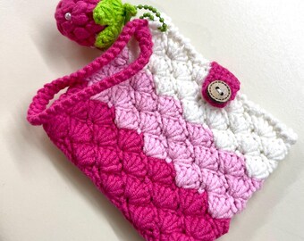Rosenkranz-Tasche mit Ombré-Häkelmuster | Rosa Rosenkranztasche | Erdbeerfarbene Rosenkranztasche mit Versöhnungsmotiv, katholisches Geschenk