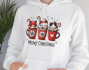 面白い猫のシャツ、猫のクリスマスパーカー、ホリデー服、ホリデーファッション、キティスウェットシャツ、ホリデースウェットシャツ、猫ママシャツ、面白いシャツ
