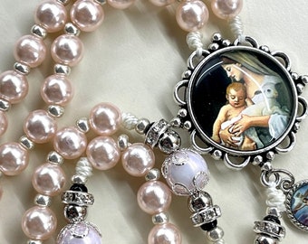 Valentine Catholic Rosary blush pink Pearl beads Mary & Lamb centerpiece Risen Jesus crucifix Catholic gift Catholic mom Easter gift