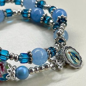 Handmade Rosary Bracelet Blue and Silver Glass Beads, Tenner, Catholic gift for her Catholic mother, Catholic gift, godparent, pocket rosary