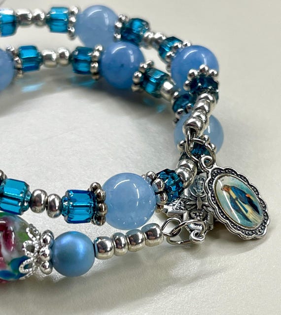 Handmade Rosary Bracelet Blue and Silver Glass Beads, Tenner