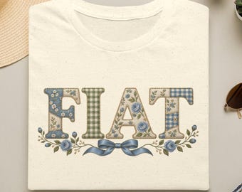 FIAT T-Shirt mit floralem Schriftzug | Vintage-Botanik-Typografie, beigefarbenes T-Shirt