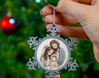Holy Family Christmas Ornament, Pewter Snowflake Ornament, Baby Jesus Ornament, Catholic Christmas gift, Christmas ornament, Gift for her