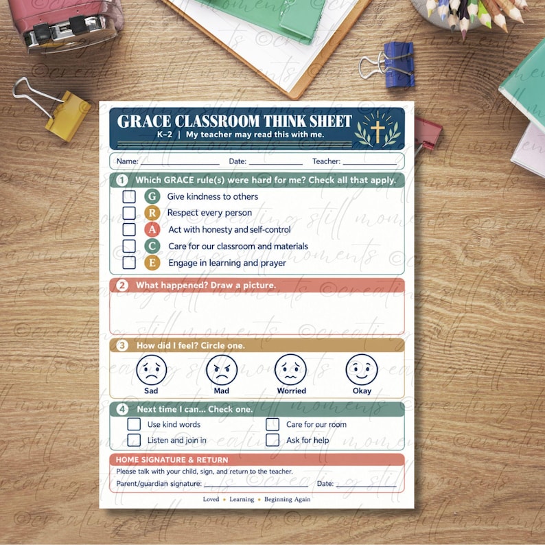 Activity Pags For Grade R Catholic Classroom Think Sheets, K Thru 8th Grade Behavior Reflection ...