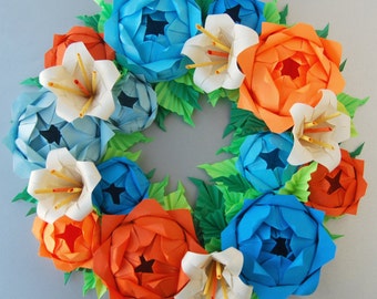 Blue Orange Rose Origami Paper Wreath With Cream Lilies, Mother's day flower rose wreath