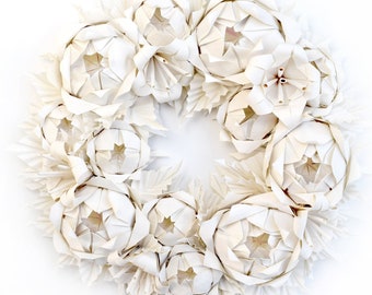 Cream Rose and Lily Origami Wreath,  Mother's Day Wreath, Spring Wreath, Easter Wreath