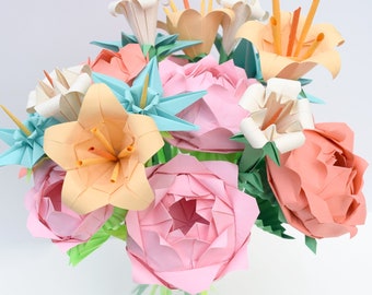 Pink Peach Teal Cream and Apricot Assorted Origami Flowers, Mother's day floral bouquet , Easter flowers, Spring paper flower bouquet