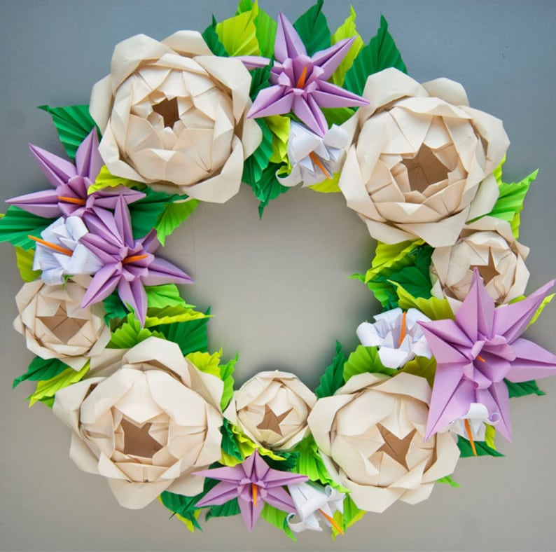 Cream Rose and Lavender Clematis Origami Wreath, Mother's Day Wreath, Spring Wreath, Easter Wreath image 1