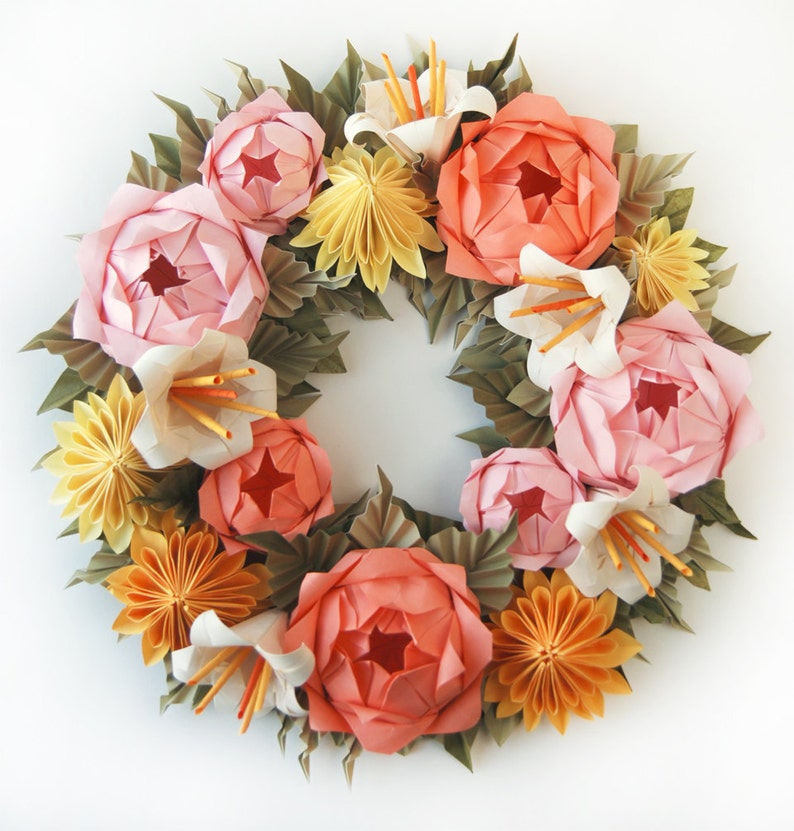 Valentine's Day Wreath, Pink Rose and Yellow Dahlia Origami Paper Wreath, Mother's Day Wreath, Spring Wreath, Easter Wreath image 1