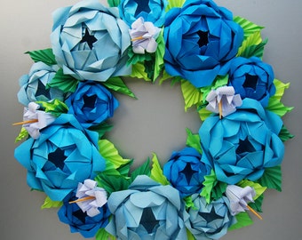 Blue Rose Origami Paper Wreath With Green Leaves,  Mother's Day Wreath, Easter Wreath, Baby boy shower centerpiece