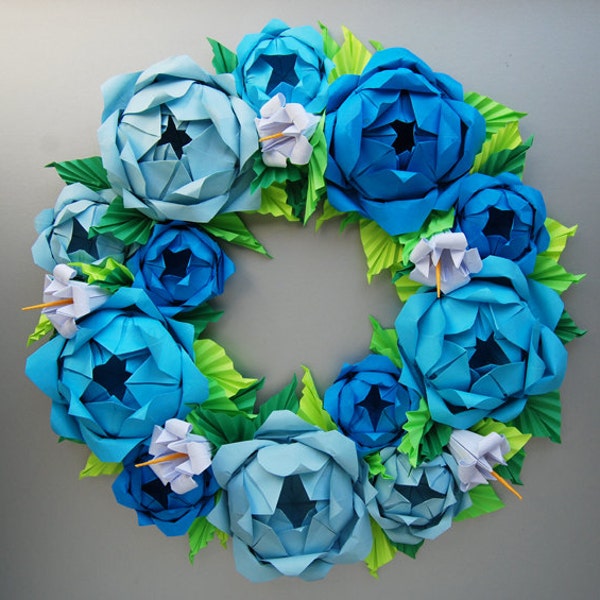 Blue Rose Origami Paper Wreath With Green Leaves,  Mother's Day Wreath, Easter Wreath, Baby boy shower centerpiece
