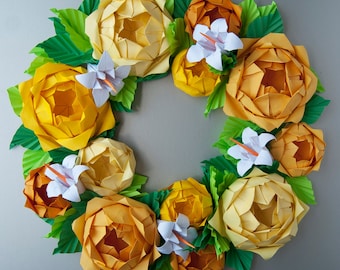 Yellow Rose Origami Paper Wreath With Green Leaves,  Mother's Day Wreath, Spring Wreath, Easter Wreath