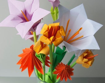 Assorted Origami Flower Bouquet: Lavender, Yellow, Orange