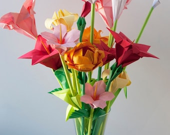 Pink Red Yellow Assorted Origami Flowers, Mother&#39;s day floral bouquet , Easter flowers, Spring paper flower bouquet