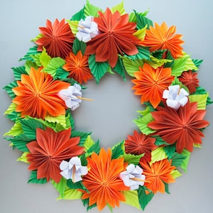 Mums Floral Wreath, Autumn Wreath, Orange Dahlia Origami Paper Wreath, Thanksgiving Fall Wreath