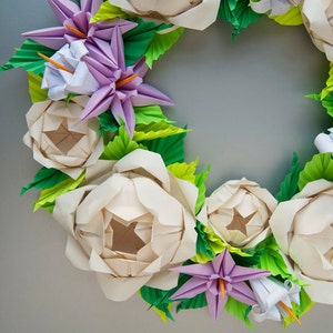 Cream Rose and Lavender Clematis Origami Wreath, Mother's Day Wreath, Spring Wreath, Easter Wreath image 2