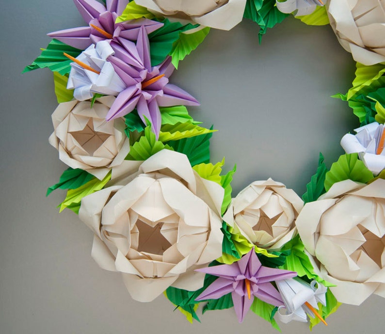 Cream Rose and Lavender Clematis Origami Wreath, Mother's Day Wreath, Spring Wreath, Easter Wreath image 2